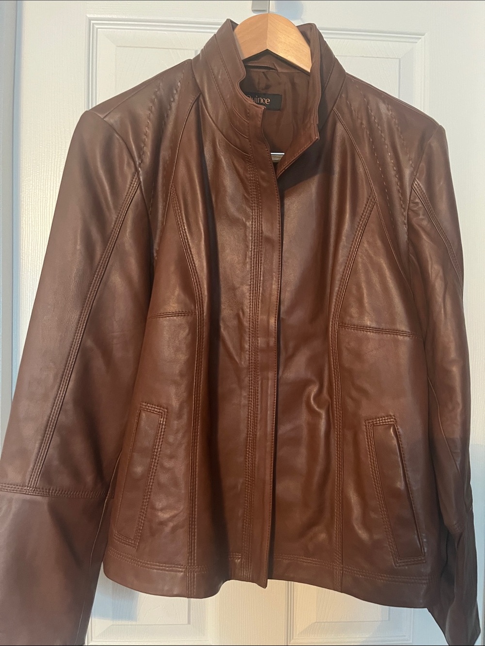 Quince Chocolate Brown Leather Jacket with Stand Collar